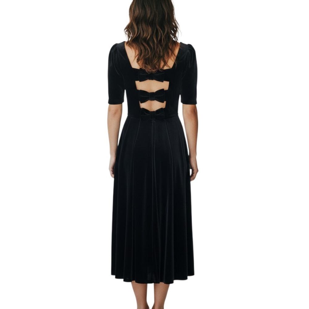 Vintage 80s Laura Ashley Black Velvet Bow Back Midi Dress